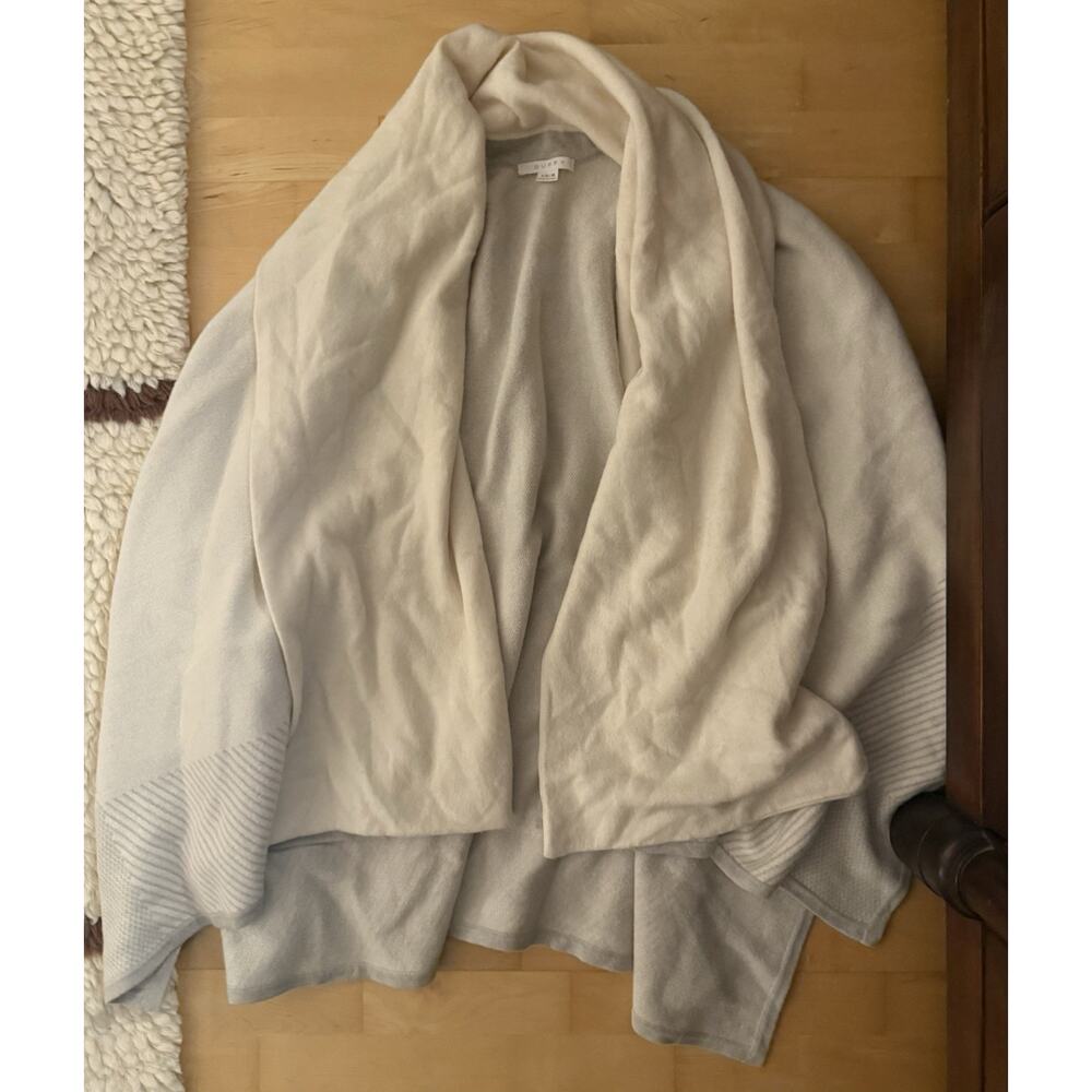 Duffy Wool Cashmere Cream Grey Wrap Poncho Sweater Attached Scarf XS/small